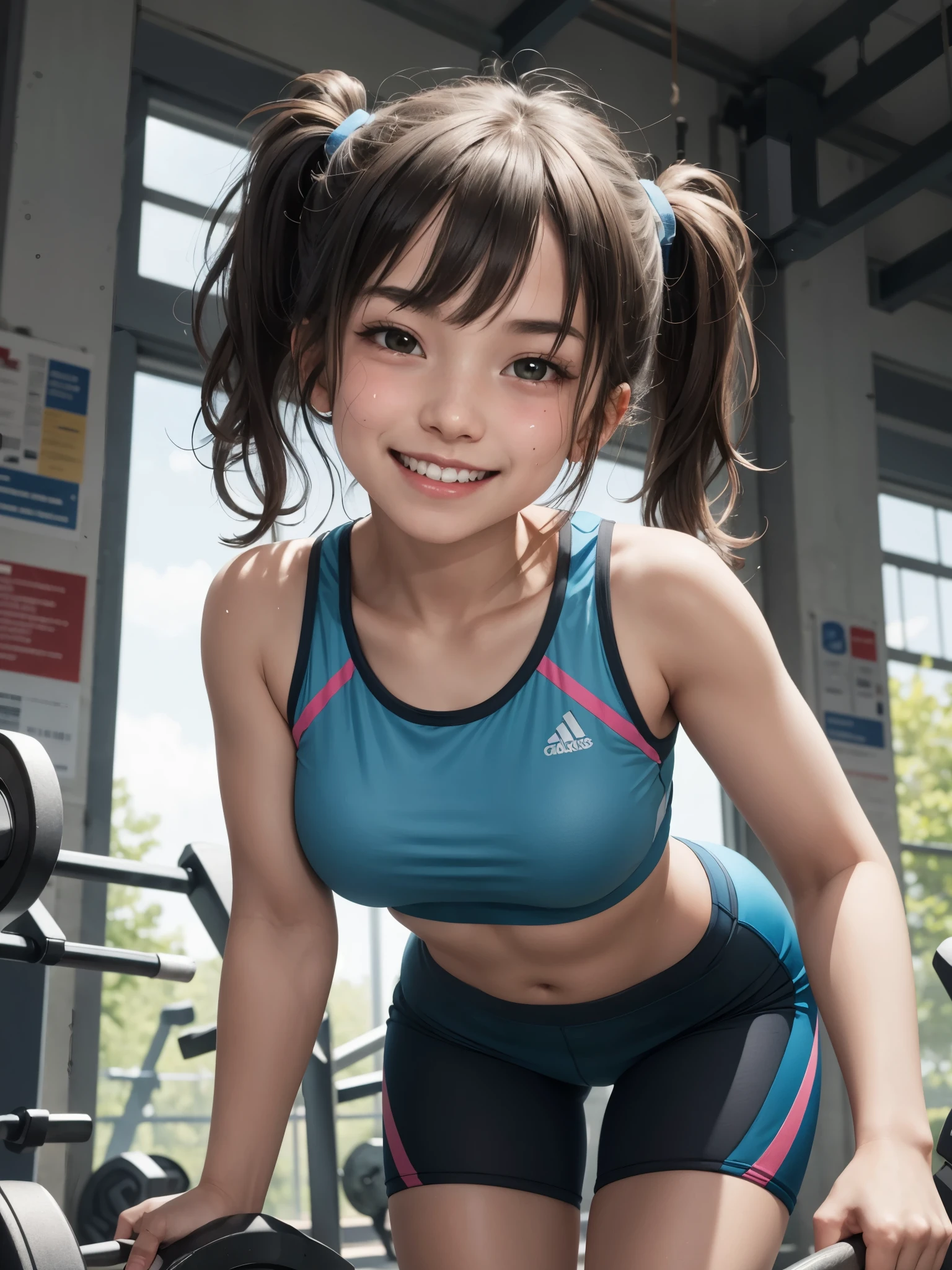 girl in sports outfit, BREAK, girl, leaning forward, pigtails, bangs, sports bra, (****, cute:1.4), (breasts:1.2), bike shorts, thighs, look at viewer, (masterpiece, best quality, high resolution:1.2), messy hair, light blue mesh, smile, teeth, moist shiny skin, sweating, head tilt, (gym:1.2)