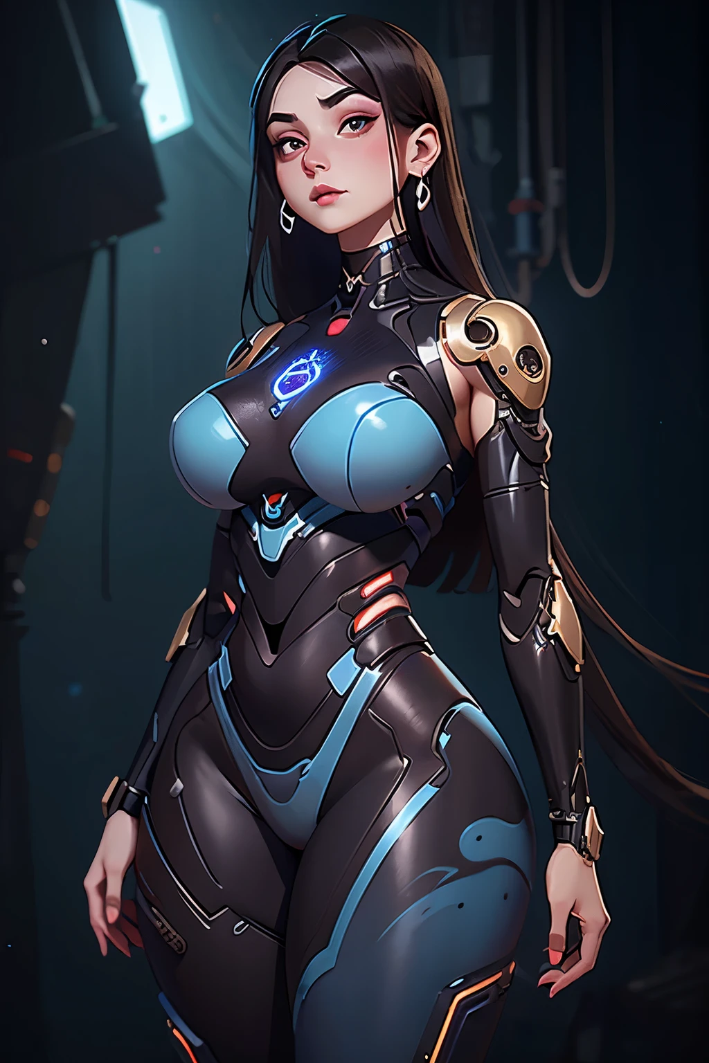 1girl, dark hair, red eyes, blue makeup, rich details, artwork blending organic and mechanical aesthetics, smooth human skin, strong thicc body, big breasts, large hips, cybernetic enhancements, contrasting metallic tones