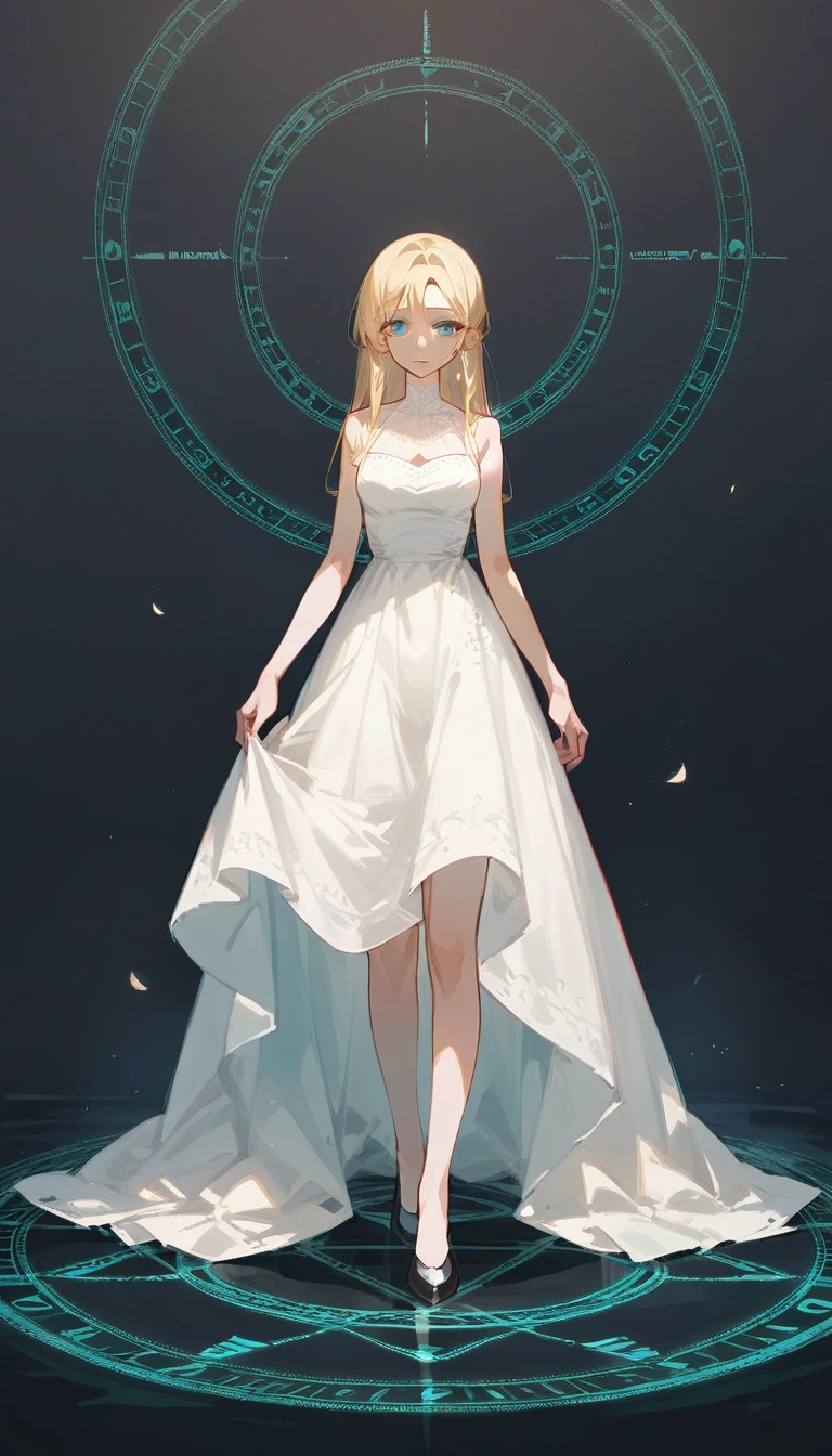 1 girl, solo, long blonde hair, blue eyes, white dress, fullbody, ((((giant black hollow circle in the background)))