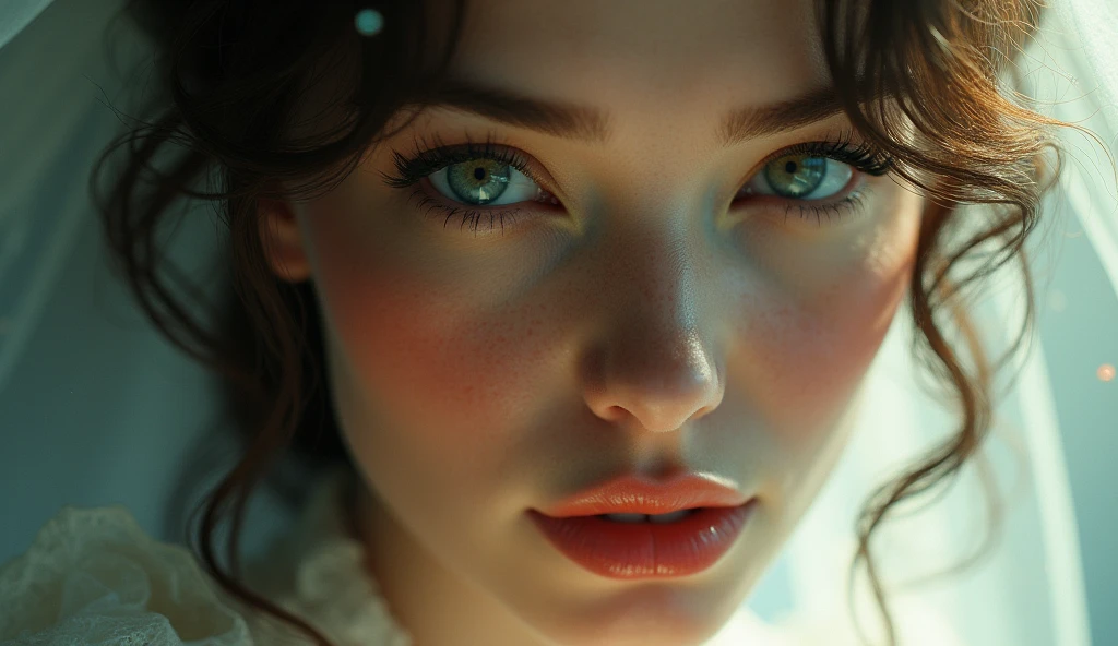 (((ultra realistic))) Photo, masterpiece, top quality, (pale skin), (Ultra detailed face and eyes:1.3), 1 girl, Adult, in a T-shirt, (Eye makeup, mascara) , ((large detailed lips)), ((white волнистые волосы)), ((Chyolka)) , (Natural breasts), Slim waist. ((Posing)), photoshoot, studio (soft lighting), (The play of light and shadows), depth of field, bokeh, (special attention to skin detail: 1.2), Detailed leather texture, skin pores. (Airy atmosphere of the frame. Color range - delicate, Bright, white, Pink tones), UDR, ((Film grain)), ((rays)), ((Glare)), ((portrait, close to the camera)) , ultra detialed,