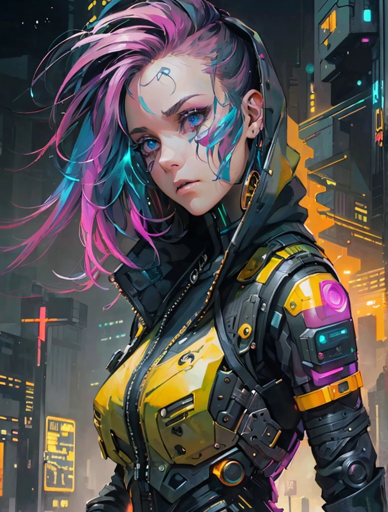 A beautiful cyberpunk girl, (best quality,4k,8k,highres,masterpiece:1.2),ultra-detailed,(realistic,photorealistic,photo-realistic:1.37), anime style, watercolor painting, intricate details, moody lighting, neon city, glowing cybernetic implants, flowing hair, expressive eyes, detailed face, elegant pose, cinematic atmosphere, vibrant colors, dramatic shadows