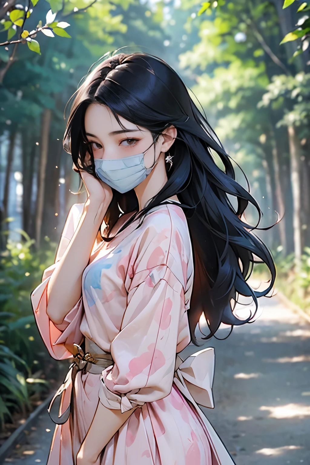 (Highest quality、High resolution、masterpiece)、(Anime Art 4k)、(manhwa style)、swordsman, Portraiture、 (whole body)、(1 person)、20-year-old woman、Beautiful Face、 (Facial details)、Black Hair、 Beautiful Hair、Skin Texture、Slim figure、Cinema Lighting、Ray Tracing、Soft Light、outdoor、(Sargent-style watercolor)、(Edmund Leighton Style)、(long hair), (small breasts), (mãos perfeitas), (rosto perfeito), ((hiperdetalhado)), white skin, ((sweet, shy, (looking down)), straight hair, straight hair, ((blush cheeks)), hiding herself, (((smalll earnings))), walking, ((covering her face, shiness)), (((perfect hands)))