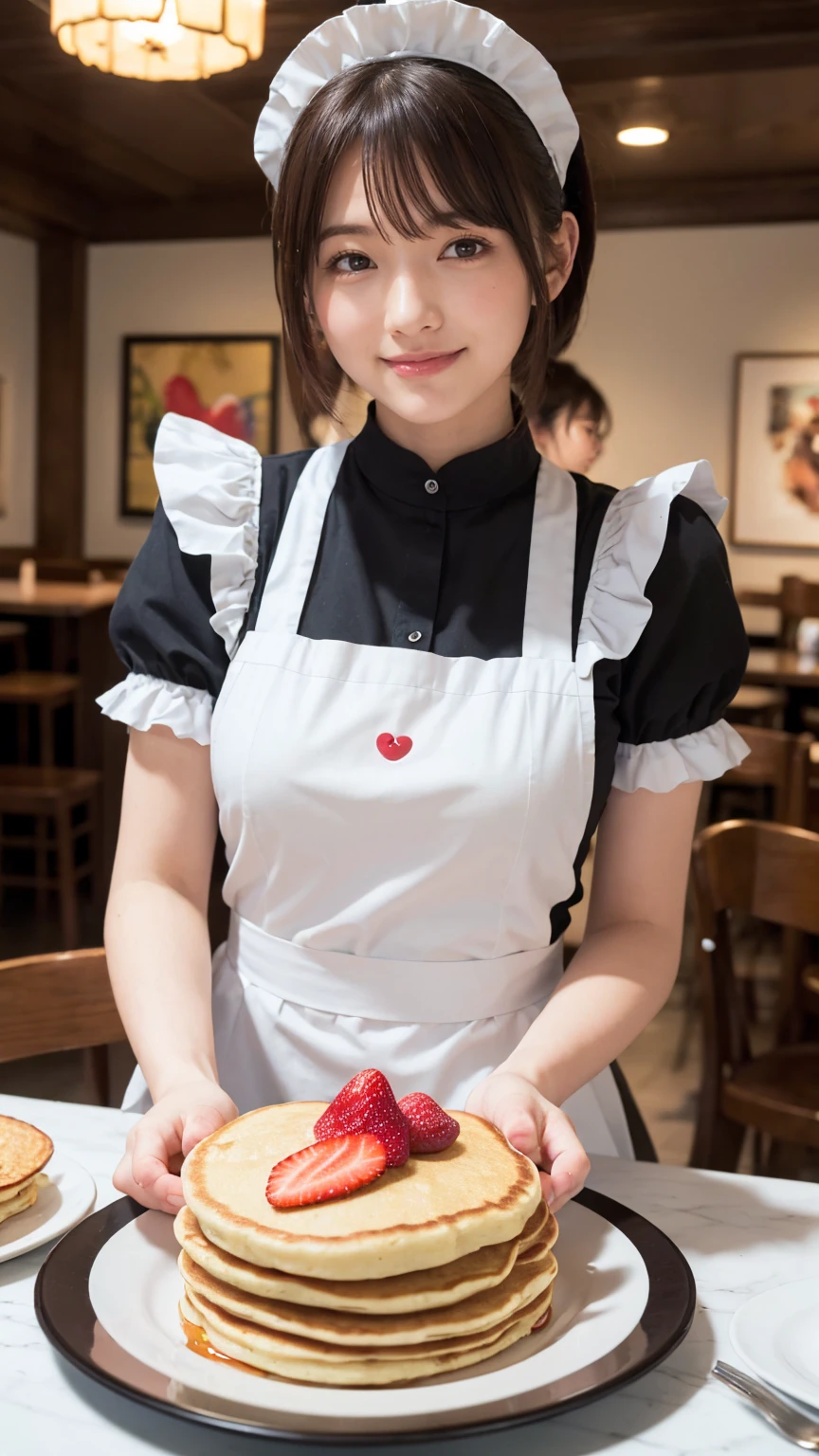 (Best Quality, 4K, masterpiece :1.3),Colourful works of art, Maid Cafe, Moemoezukyuun💕, break （Fluffy Pancakes）, A heart is drawn with strawberry sauce, Take a break with coffee, A charming maid stares at you, Pancakes offered by gentle hands, smile