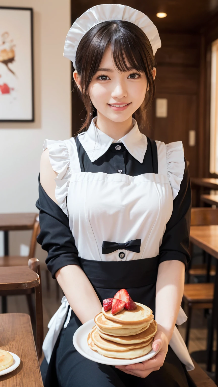 (Best Quality, 4K, masterpiece :1.3),Colourful works of art, Maid Cafe, Moemoezukyuun💕, break （Fluffy Pancakes）, A heart is drawn with strawberry sauce, Take a break with coffee, A charming maid stares at you, Pancakes offered by gentle hands, smile