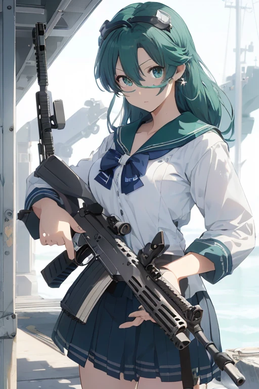 girl Maid clothes Glasses green hair medium long hair Anti-tank rifles rocket launcher Assault rifle Beam rifle hand gun