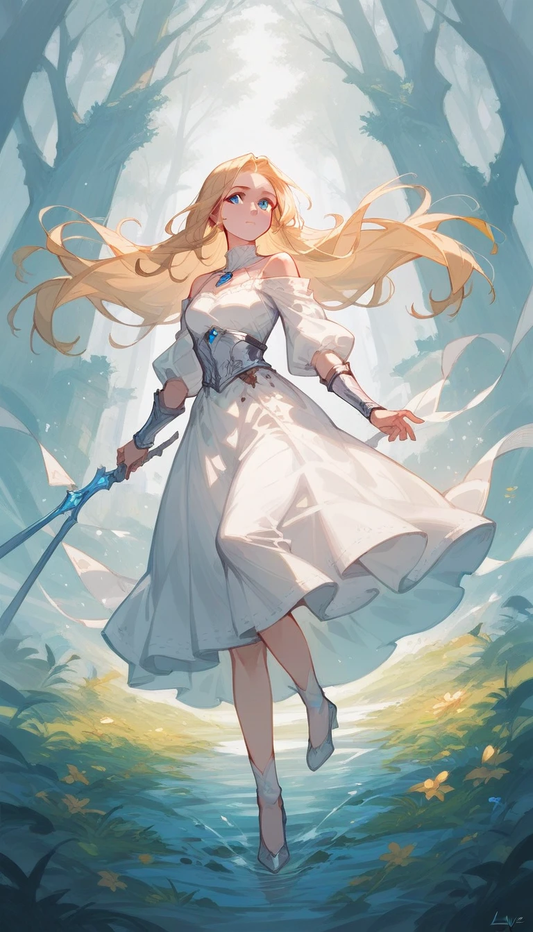 1 girl, solo, long blonde hair, blue eyes, white dress, fullbody, divinity, HP love craft style