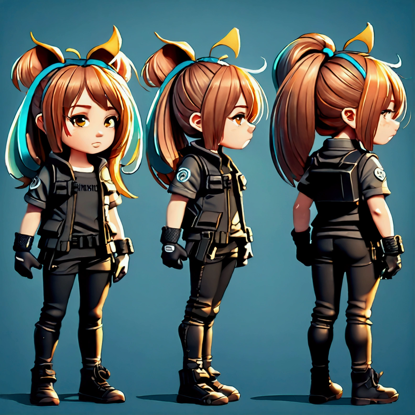 Standing boy, cute, 1 boy, , 4-sided design, Diagonals, front, back, profile, Head to body ratio 3, character sheet, whole body, simple background, Four perspectives, tactical gear, Orange hair, bulletproof vest, long Ponytail hair, Good quality, high detail, Puppy Suin, bulletproof vest, Good quality, high detail, ultra detailed, masterpiece, best quality, aesthetic, detailed