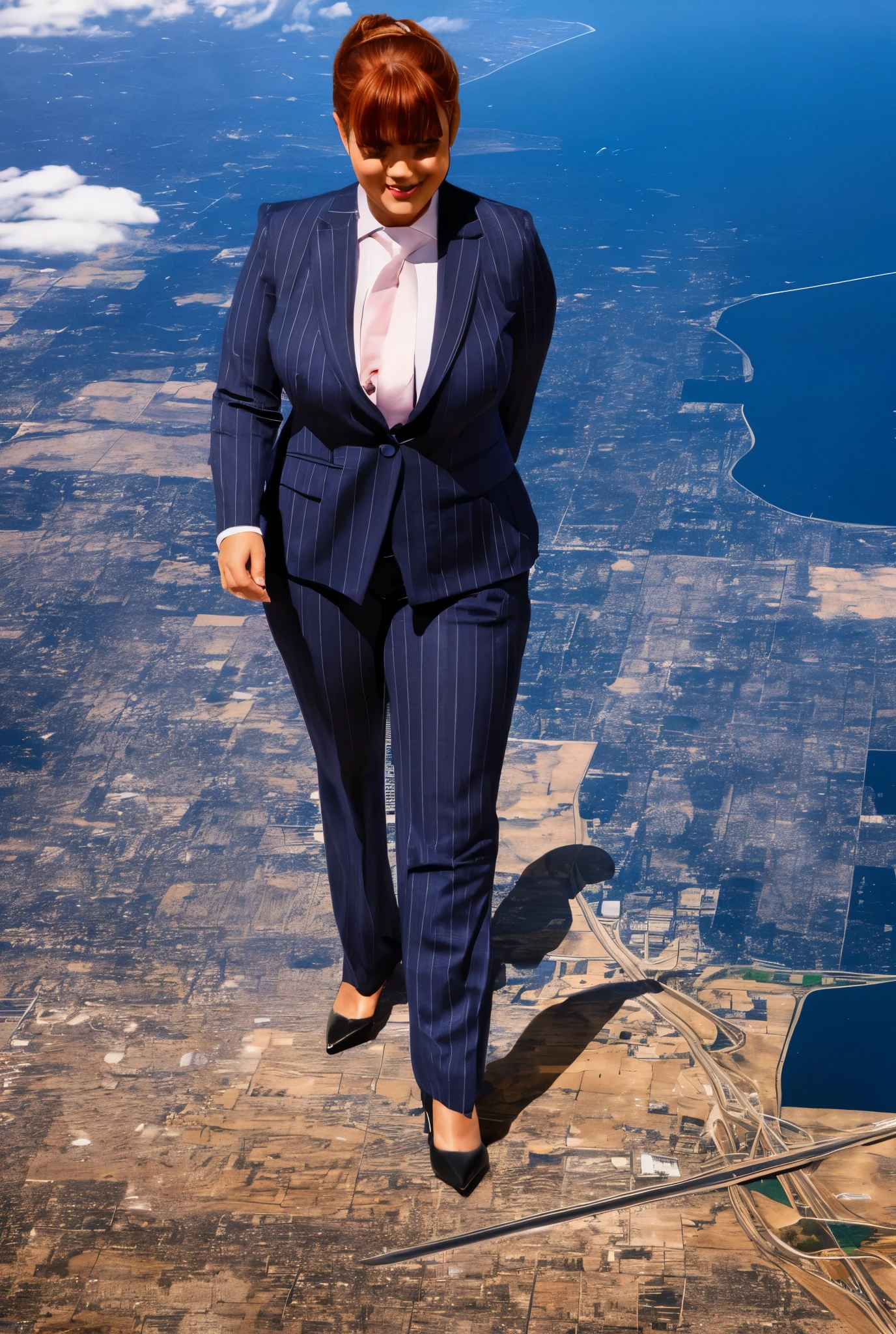 Giantess art, giga giantess in distance walking on through city, multiple women with beautiful curves, massive thighs, ginger hair, lipstick, wearing a perfect form-fitting loght grey pinstripe trouser suit and blazer, crisp white shirt with large spread collar, large blade width Windsor knot blue tie, with massive breasts. She is wearing platform high heels and standing on a miniature city, with skyscrapers at her feet, smiling with her huge breasts. This image is highly detailed, photorealistic, best quality, a masterpiece, with cinematic lighting, ultra-detailed, long ponytail hair with front bangs, high altitude photography, satellite view, a curvy figure, heaving bosom, legs, a mega city, urban sprawl, small towns, destruction, buildings, roads, a cloudy, overcast, hazy atmosphere, and wispy clouds.