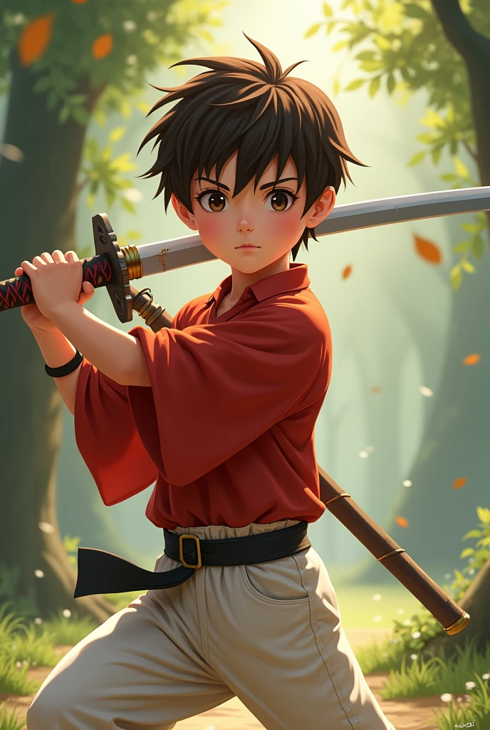 A boy of about eleven years old who is facing away and has a single katana in his back and the boy has black hair and green eyes and black swordsman clothing and more or less part of his face can be seen.