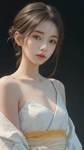 masterpiece,Best picture quality,Extreme details,Ultra-high resolution,Ultra-high definition,Beautiful young people,Glowing skin,thin,Black Hair,Half bun,1,big eyes,beautiful eyes,Lipstick,Exquisite facial features,Medium shot,Looking at the viewer, Tube Top Suspenders,Single tone background,White background,Soft light,Wear flowers on your head