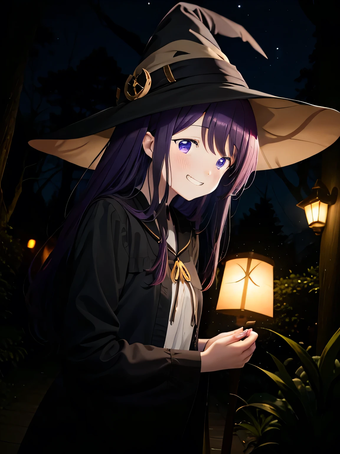 masterpieces, sharp focus, top quality, depth of field, perfect body, perfect anatomy, perfect lighting,  wide shot, 
1girl, kubo nagisa as an witch, solo, purple hair, long hair, purple eyes, bangs, (blush), laughing, peaceful, relief,
,Art of Witch, grin, dark night, old big trees, owl, bats, spotlight to the face, witch hat,