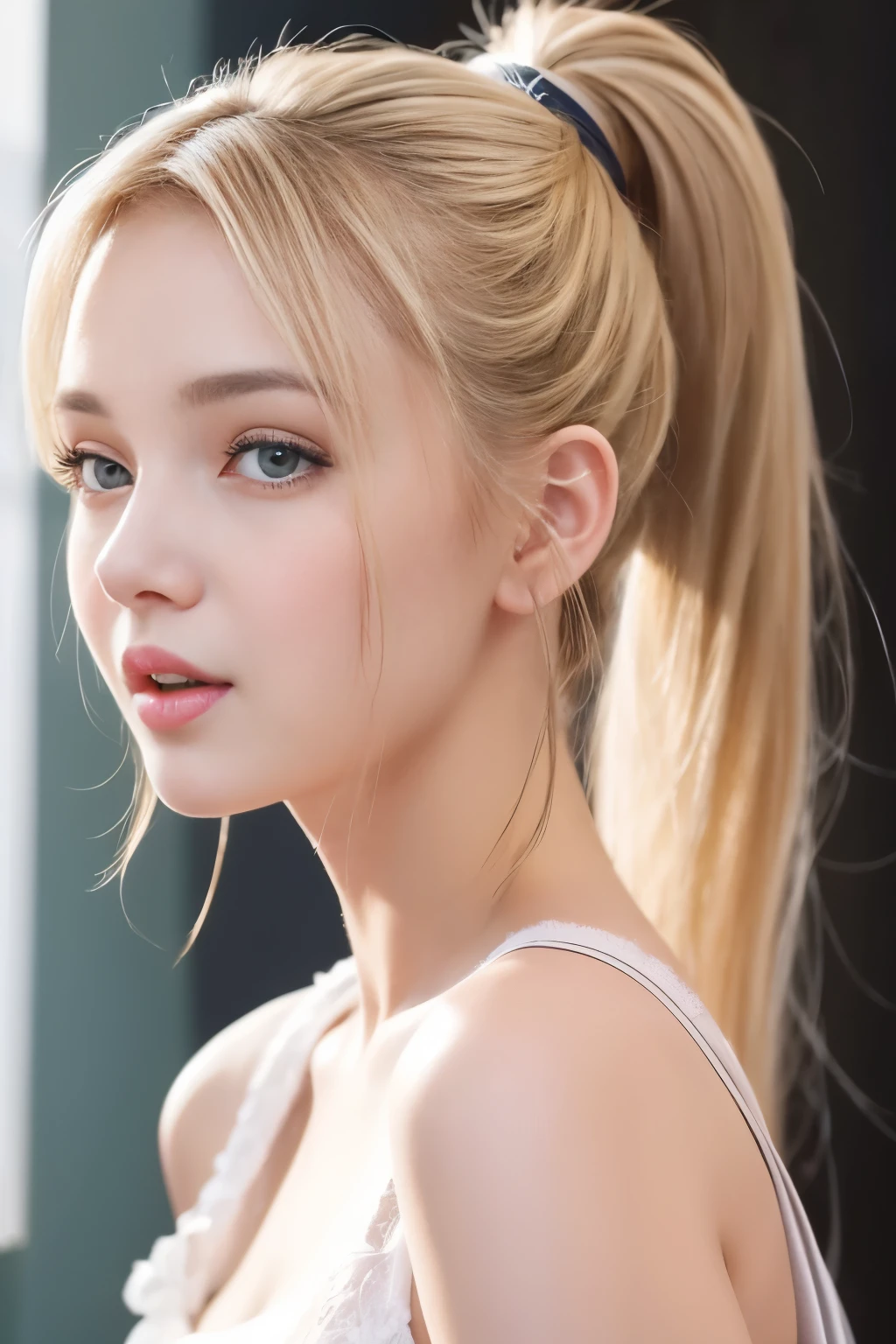 (whole body:1.5),beautiful detailed background, octane rendering, 8K, best quality, masterpiece, illustration, extremely delicate and beautiful, detailed,extremely detailed,CG,Unite,wallpaper,Astonishing, fine details, realistic art: 1.2 ,masterpiece, best quality, official art, extremely detailed CG Unite 8K wallpaper,1 girl, (((blonde straight hair in ponytail))), facing away from camera, looking back over shoulder, dark Knight, green eyes, pretty symetrical face, oily wet skin, tanned skin, freckles, thin waist, narrow hips, tight apple ass, large breasts, Looking off to the side, naked, , Realistic photos, (hiqcgbody) ,perfect female figure,earrings,, Tempting,prestige,(fire,indoor,ruins)