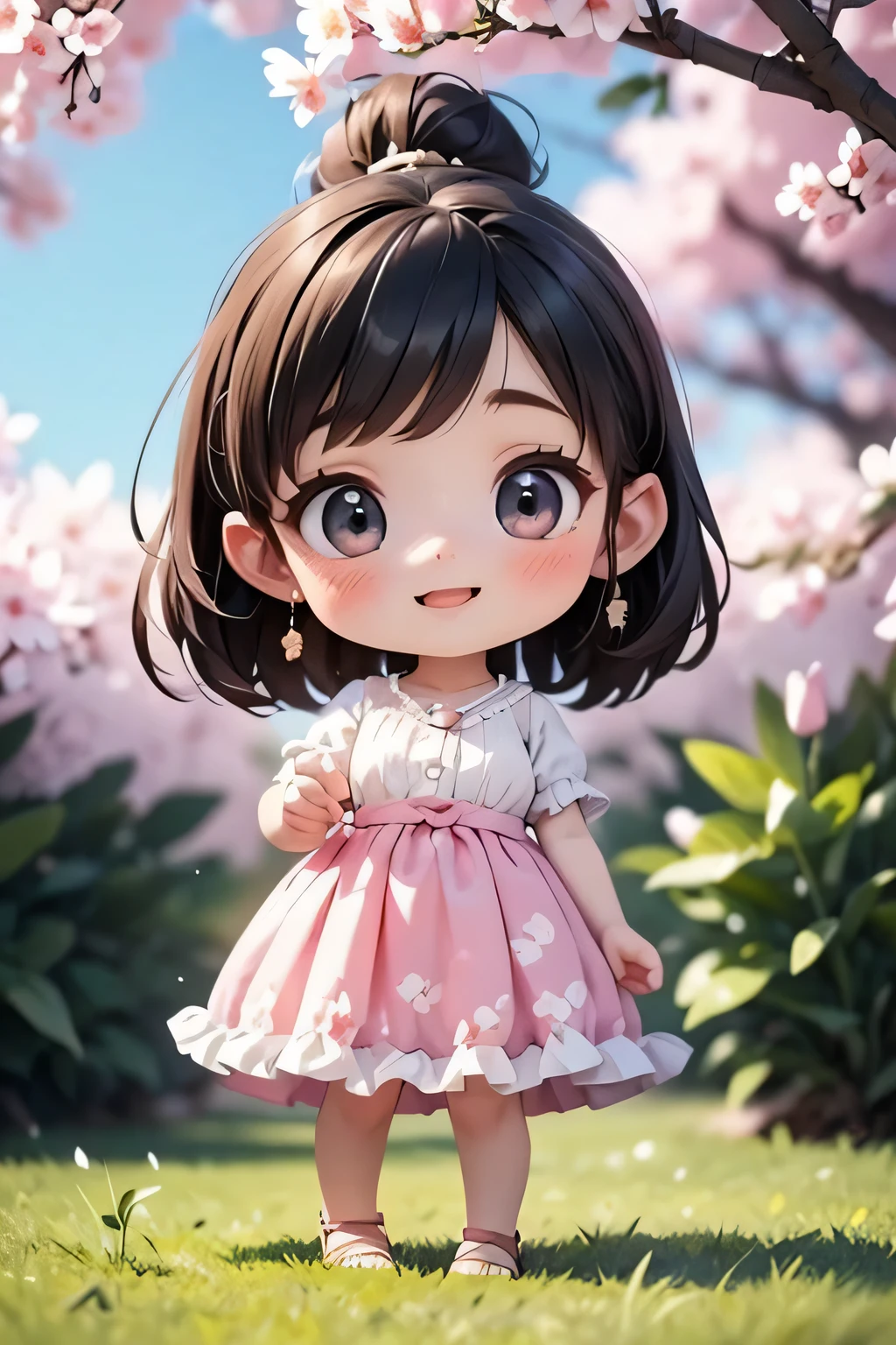 there is a girl that is standing in the grass, Kawaii realistic portrait, lovely digital painting, render of a cute 3d anime girl, Realistic anime 3 D style, cute kawaii girls, photorealistic anime girl rendering, Smooth anime CG art, Soft portrait shot 8 K, 3 d anime realistic, small loli gl, Realistic cute girl painting, loli in dress