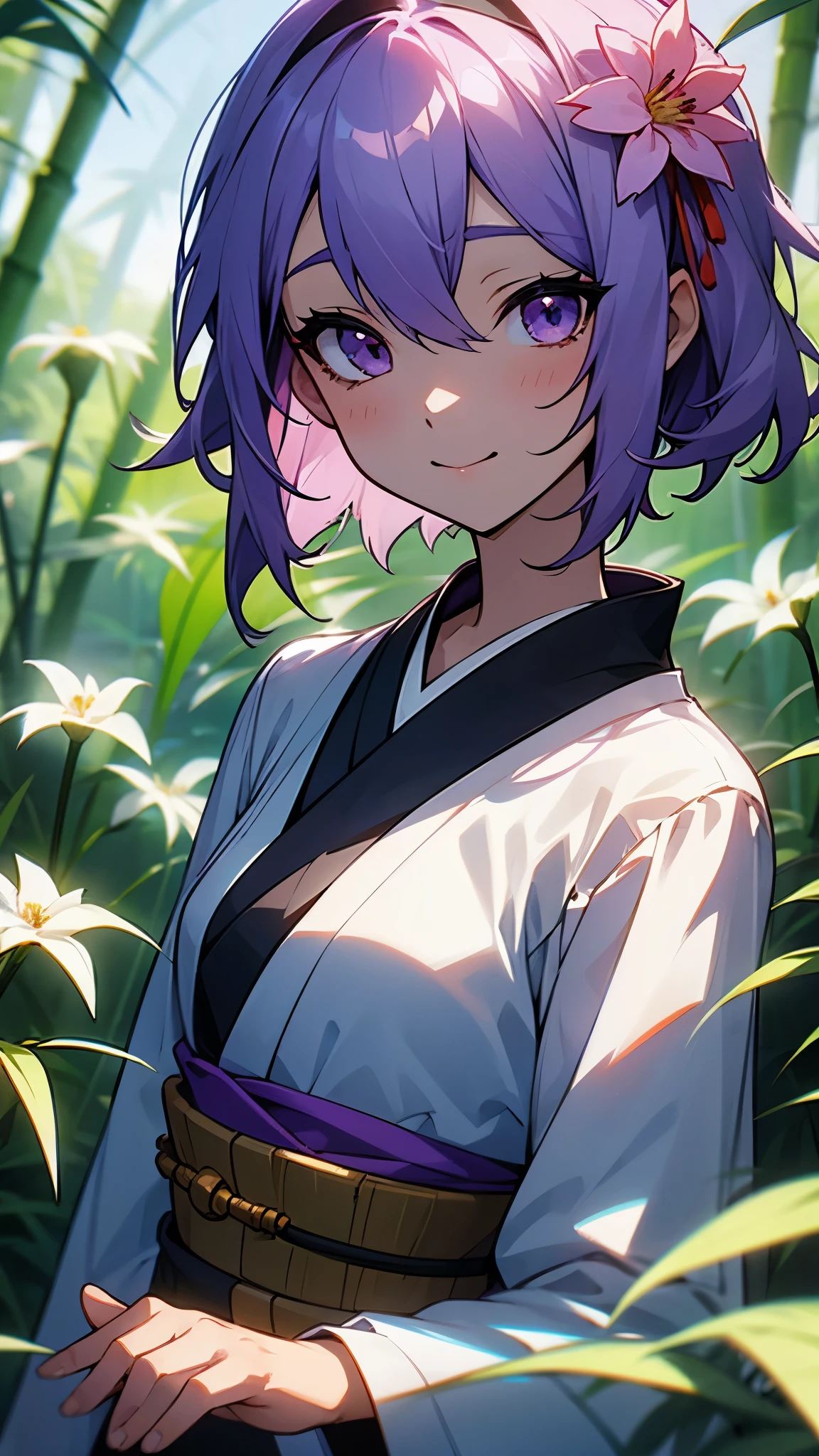 Best Quality、One personの女の子、Yuzuki Yukari、1、Small breasts、Slim figure、Light purple hair、Short Hair、Hair between the eyes、smile、Blurred Background、斑点模様のsunlight、flower、髪のflower、Hair accessories、kimono、Bamboo leaves、Bamboo leaves、Outdoor、One person、sunlight、Upper body close-up