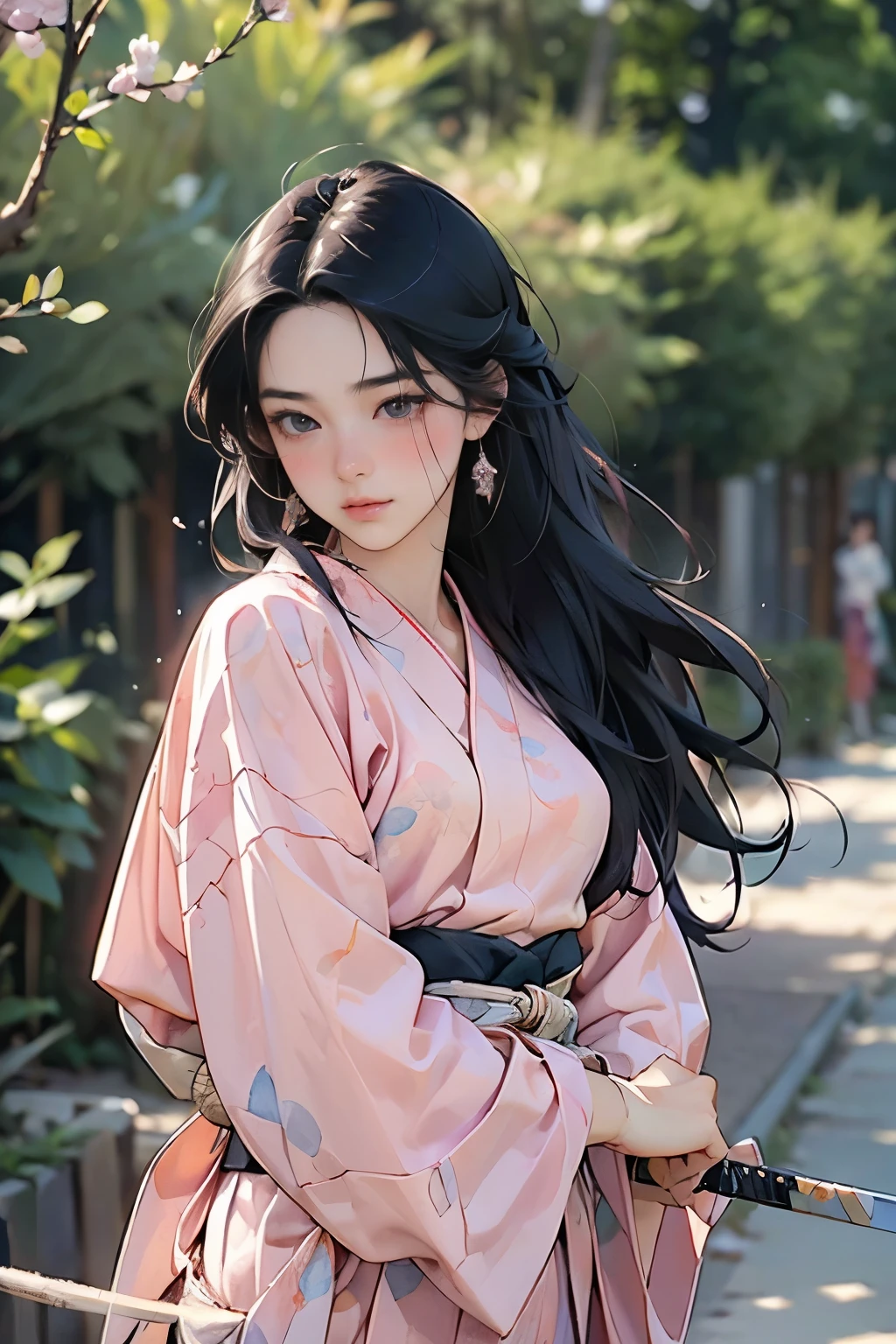 (Highest quality、High resolution、masterpiece)、(Anime Art 4k)、(manhwa style)、swordsman, Portraiture、 (whole body)、(1 person)、20-year-old woman、Beautiful Face、 (Facial details)、Black Hair、 Beautiful Hair、Skin Texture、Slim figure、Cinema Lighting、Ray Tracing、Soft Light、outdoor、(Sargent-style watercolor)、(Edmund Leighton Style)、(long hair), (small breasts), (mãos perfeitas), (rosto perfeito), ((hiperdetalhado)), white skin, ((sweet, shy, (looking down)), straight hair, ((blush cheeks)), hiding herself, (((smalll earnings))), a katana on the waist of her pink yukata
