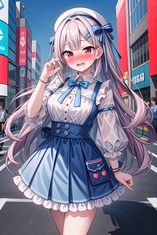 insanely detailed, absurdres, ultra-highres, ultra-detailed, best quality,
1 girl, solo, nice hands, perfect hands
BREAK
(blue theme:1.3), (wearing harajuku-style coordinate),
shame, embarrassed, open mouth, wavy mouth,
dynamic pose, cowboy shot, looking at viewer
BREAK
slender, kawaii, perfect symmetrical face, ultra cute girl, ultra cute face, ultra detailed eyes, ultra detailed hair, ultra cute, ultra beautiful,
in harajuku, shibuya, tokyo, street, crowd, cityscape,
medium large breasts, (cleavage:-1.5)
BREAK
(white medium hair, dark red eyes)