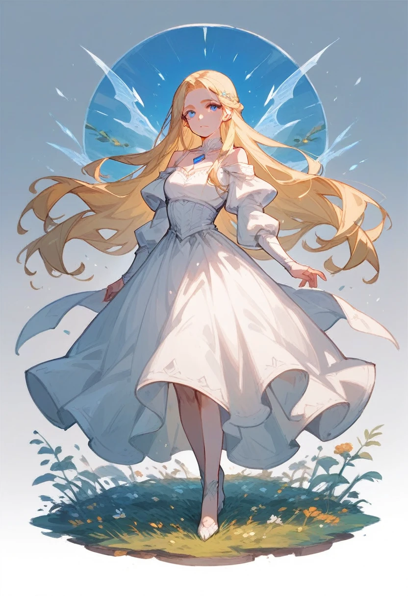 1 girl, solo, long blonde hair, blue eyes, white dress, fullbody, divinity, HP love craft style