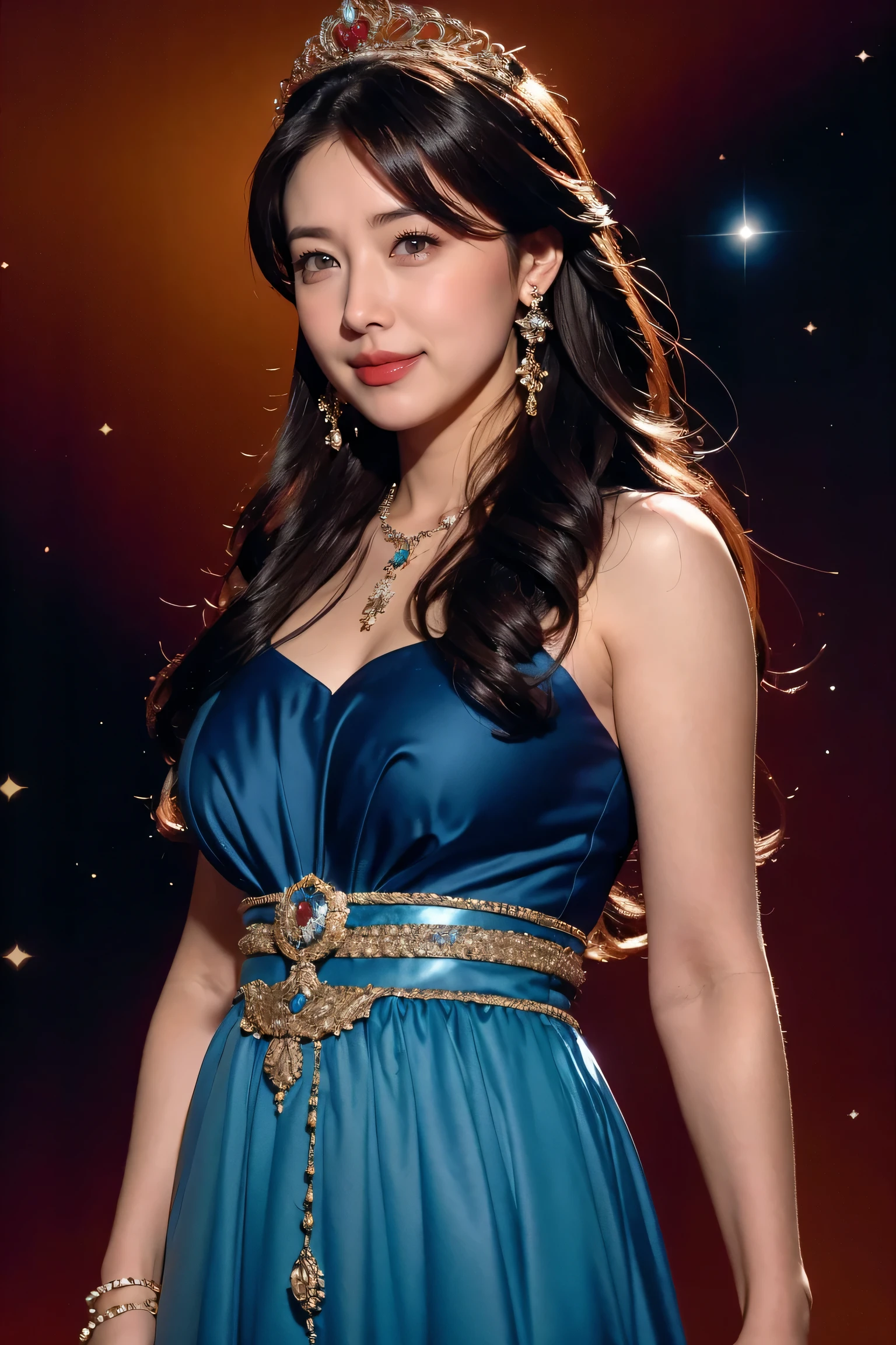 Red cheeks,Perfect lighting,Upper Body,Brown Hair,Long Hair,jewelry,Gradient space background,Blue Dress,Earrings,Realistic,necklace,looking at viewer,Tiara,A light smile