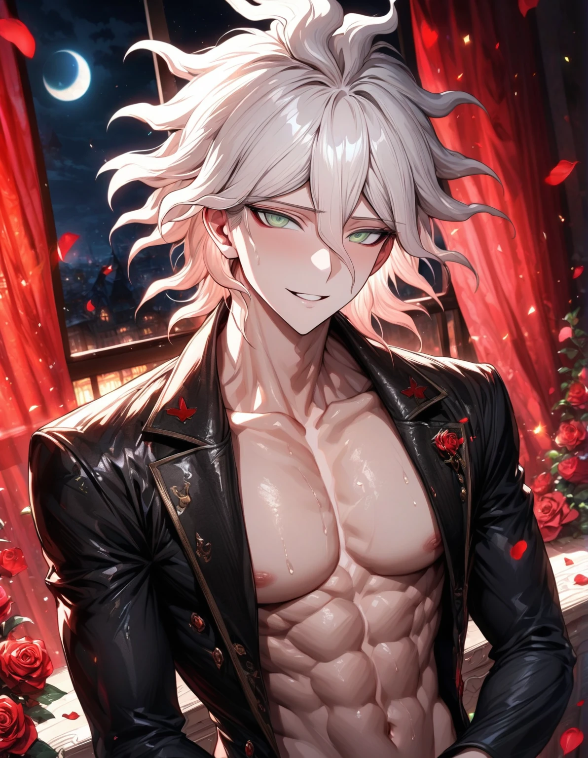 absurdres, highres, ultra detailed, HDR, master piece, Komaeda Nagito, white hair, expressive green-grey eyes, bare chest, toned chest, Danganronpa, sexy man, room, handsome, best quality, flowers, fantasy, magical, solo, blue shining fireflies, blue petals, sensual