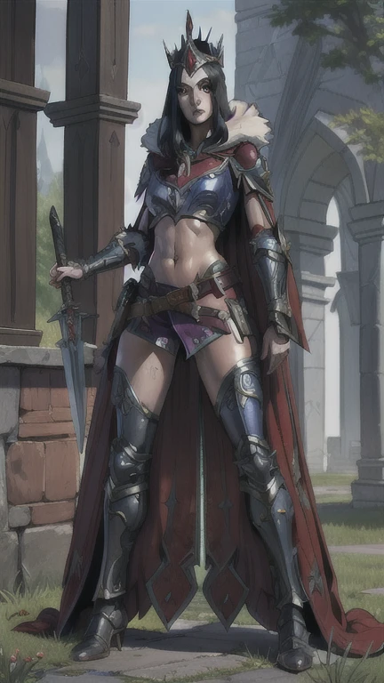 MorganLeFay Smite, 1girl, solo, long hair, looking at viewer, standing, full body, weapon, belt,  cape, hip armor, armor, fur trim, makeup, crown, knife, lipstick, gauntlets, greaves, exposed midriff, bare tummy, pale skin, sweaty body
(insanely detailed, masterpiece, best quality),