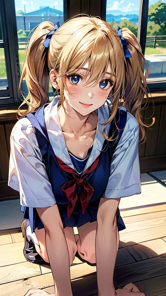 (masterpiece:1.3, Highest quality, Ultra-high resolution, Very detailed), (Realistic, photoRealistic:1.4), Beautiful illustrations, Perfect lighting, Natural light, colorful, Written boundary depth, NFSW,
View your viewers, 1 Girl, Japanese, high school girl, Perfect Face, Cute and symmetrical face, Shiny skin, Sunburned skin,
(Twin tails:1.5, Blonde), Hair between the eyes, blue eyes, (Large Breasts, seductive Thighs, Big Ass), Thighs, sum,
Beautiful Hair, Beautiful Face, Beautiful attention to detail, Beautiful clavicle, Beautiful body, Beautiful breasts, 美しいThighs, Beautiful feet, Beautiful fingers,
(Beautiful views), ((On all fours)), (School uniform), (Captivating smile,)