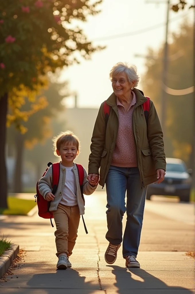 grandfather and granddaughter walking holding hands view from behind