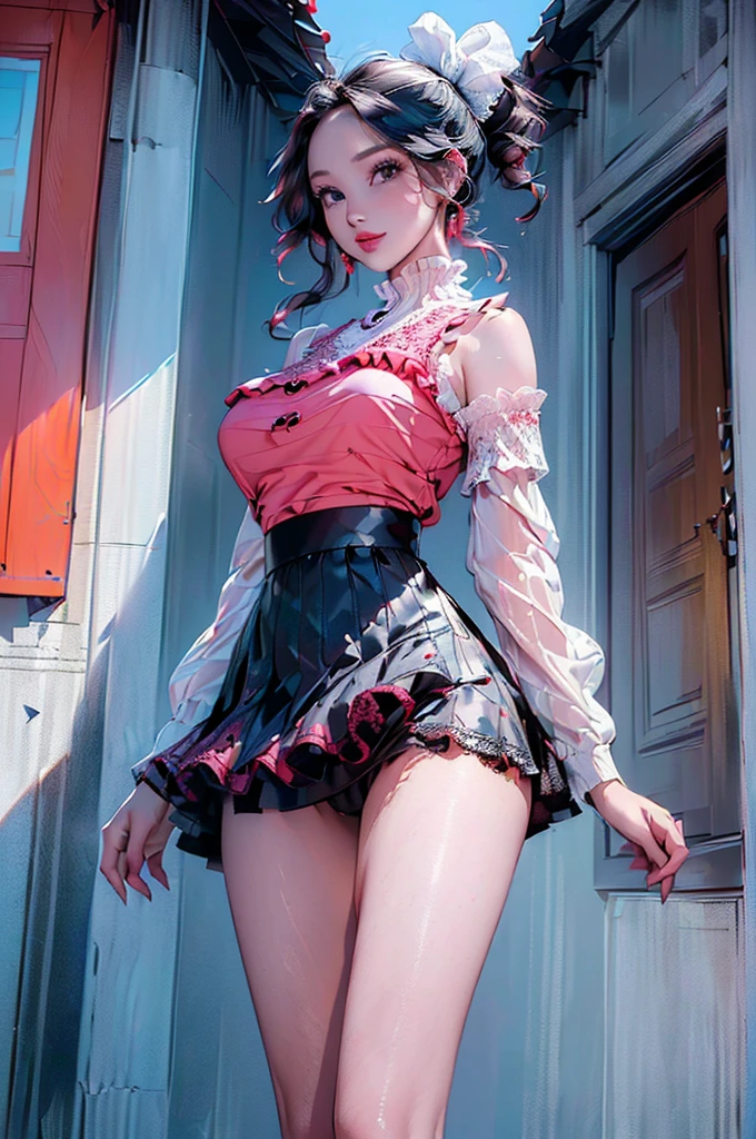 ((((High resolution, Intricate details, masterpiece, 8k)))), (((beautiful, mini skirt, White skin, Frills, lace, Town, building))), (One Woman, Black Hair, Red cheeks, smile, Dancing)), (Black Hair, Red cheeks, middle part, Long Hair, ponytail, Big ribbon, Glowing Skin), from front, looking at viewer, look at viewer,