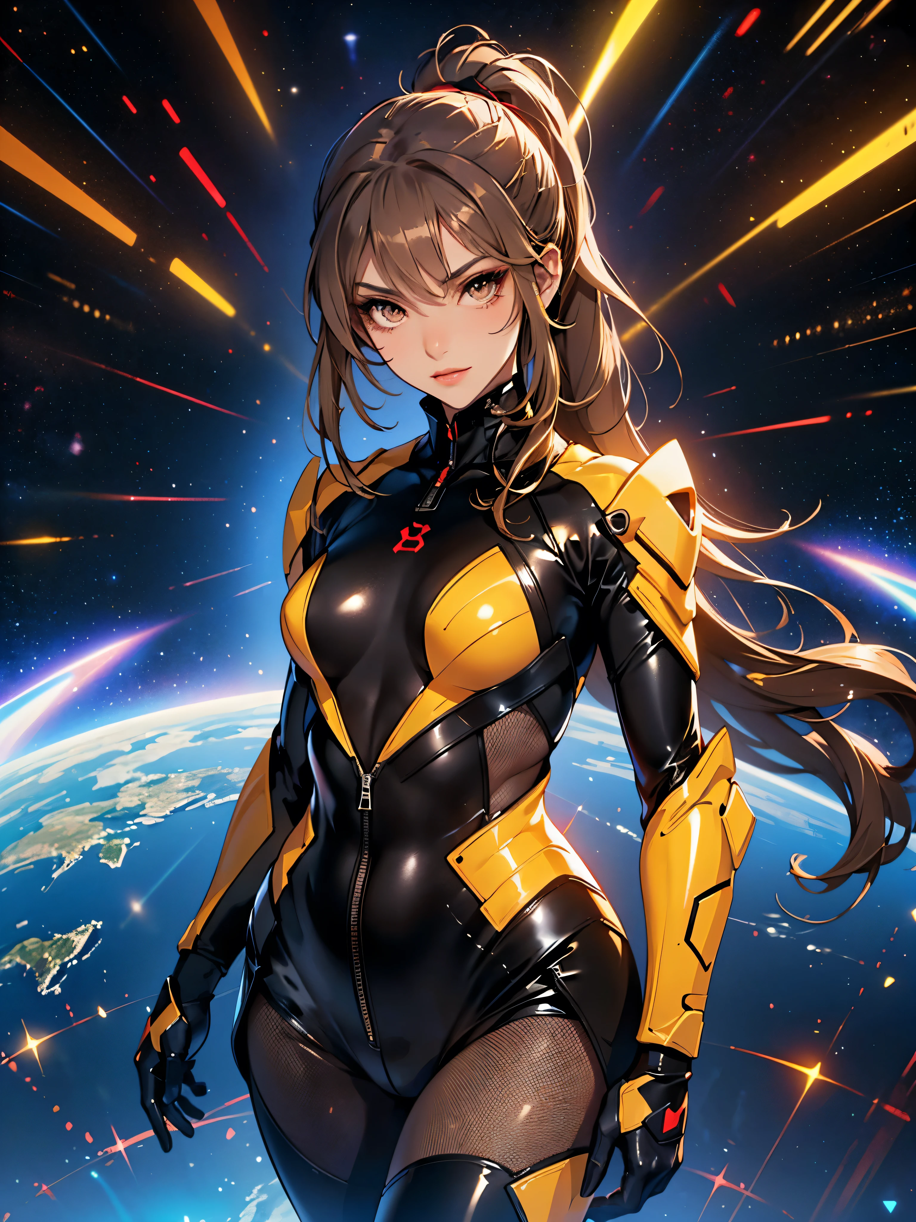 1girl, slender body, slim, extremely long ponytail, (((dark brown hair, brown eyes, tan skin))), brown skin, smirk, tight clothes, ((ochre and black latex bodysuit)), (black armor), (((hexagonal mesh))), ((extremely glossy)), cyberwear, space background, starship interior, space cockpit
