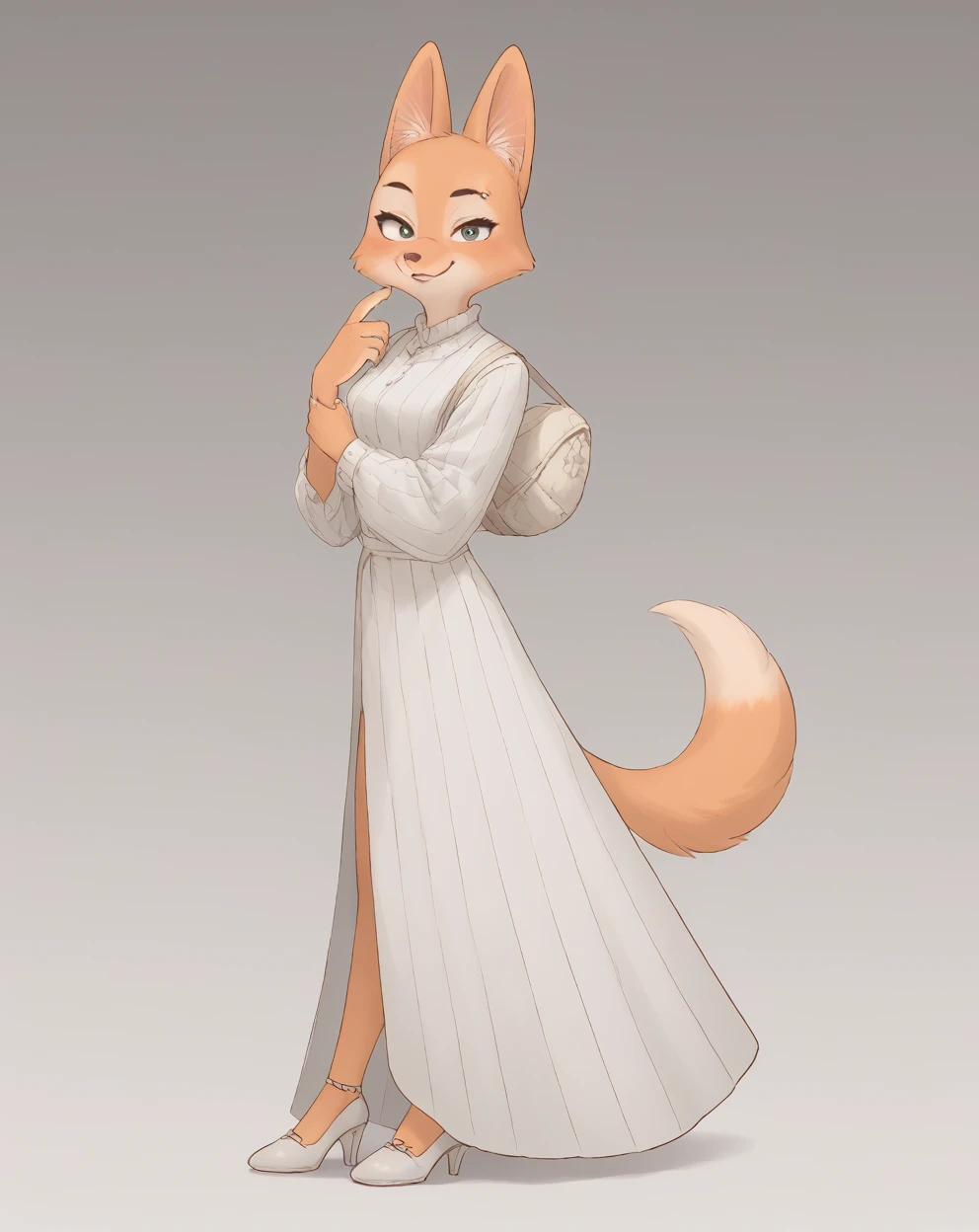 score_9, score_8_up, score_7_up, score_6_up, score_5_up, score_4_up, Diane_Foxington, ginger fur, emerald eyes, black lipstick, black eyebrows, silver piercings on eyebrow, fox tail, cut dress, smirk, looking at viewer, full body, perfect, masterpiece, high quality