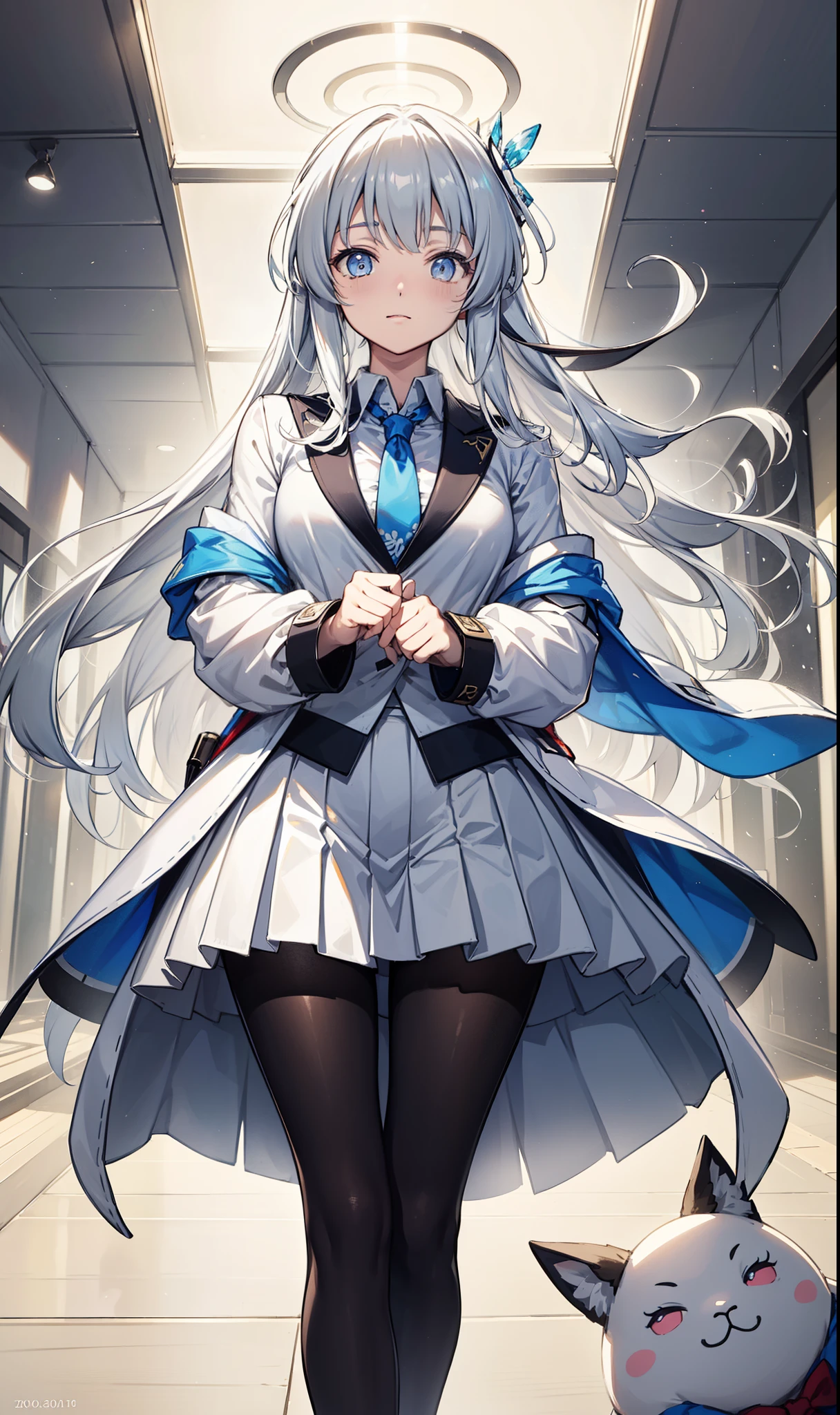 (The exquisite ushio noa), 8K, Ultra-high resolution, (masterpiece:1.2), (, Delicate and beautiful eyes), Extremely subtle, Solitary, Real light and shadow, permanent, Natural Movement, rest (Blue tie, White shirt, Off-shoulder, White jacket, Open-front jacket, Long sleeve, White skirt, Pleated Skirt, Black pantyhose), Mechanical housing，weapons，Floating，In battle，