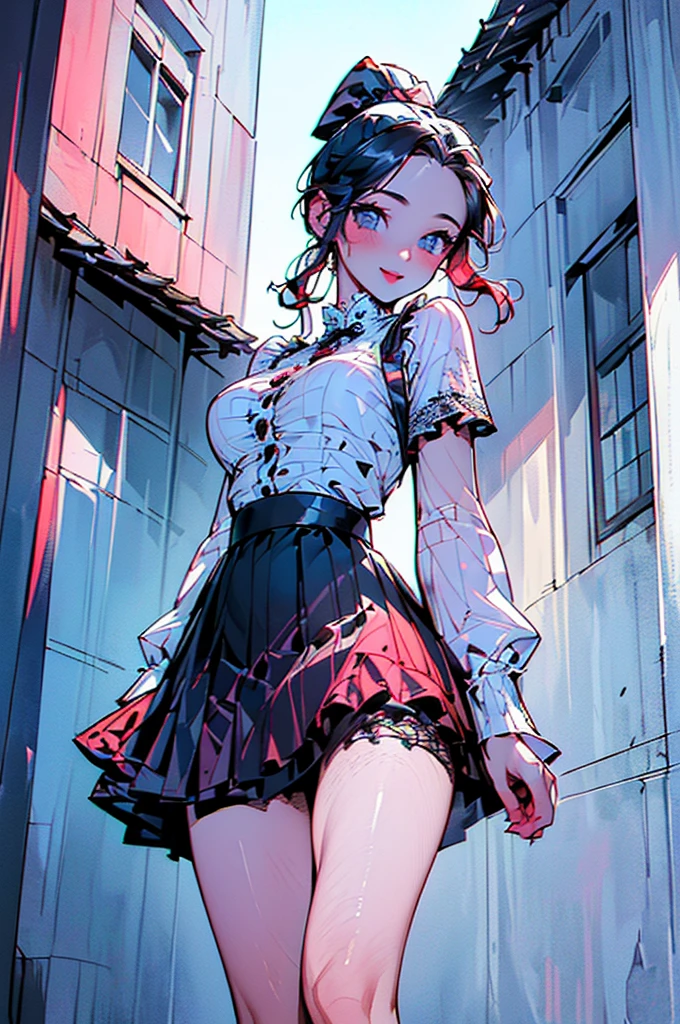 ((((High resolution, Intricate details, masterpiece, 8k)))), (((beautiful, mini skirt, White skin, Frills, lace, Town, building))), (One Woman, Black Hair, Red cheeks, smile, Dancing)), (Black Hair, Red cheeks, middle part, Long Hair, ponytail, Big ribbon, Glowing Skin), from front, looking at viewer, look at viewer,