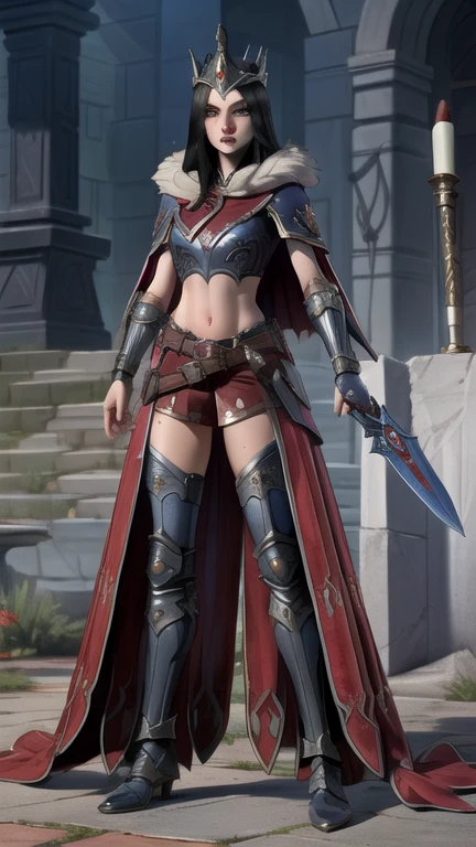 MorganLeFay Smite, 1girl, solo, long hair, looking at viewer, standing, full body, weapon, belt,  cape, hip armor, armor, fur trim, makeup, crown, knife, lipstick, gauntlets, greaves, exposed midriff, bare tummy, pale skin, sweaty body
(insanely detailed, masterpiece, best quality),