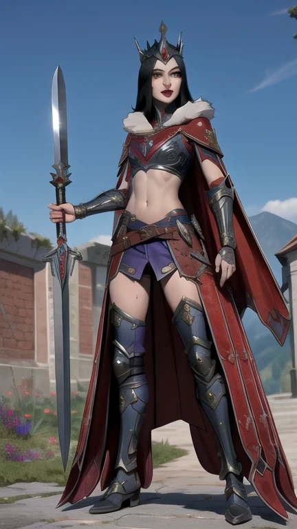 MorganLeFay Smite, 1girl, solo, long hair, looking at viewer, standing, full body, weapon, belt,  cape, hip armor, armor, fur trim, makeup, crown, knife, lipstick, gauntlets, greaves, exposed midriff, bare tummy, pale skin, sweaty body
(insanely detailed, masterpiece, best quality),