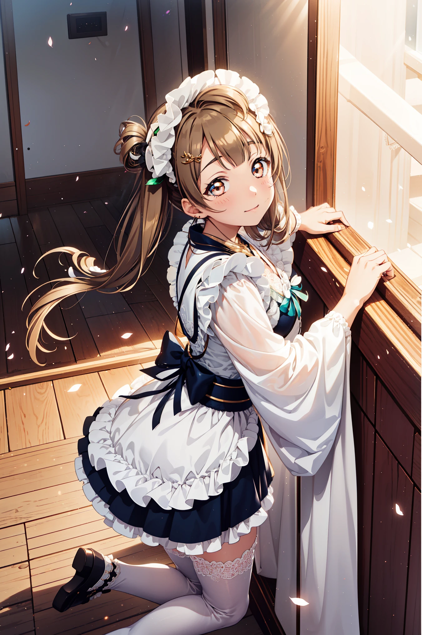 Minami Kotori, Head decoration，Masterpiece quality high resolution, Unity 8k wallpaper, illustration, Delicate eyes, Rich facial details, Highly detailed CG, Lace，Charming transparent fabric，Transparent Clothes，Broken clothes，Japanese maid outfit，Stockings