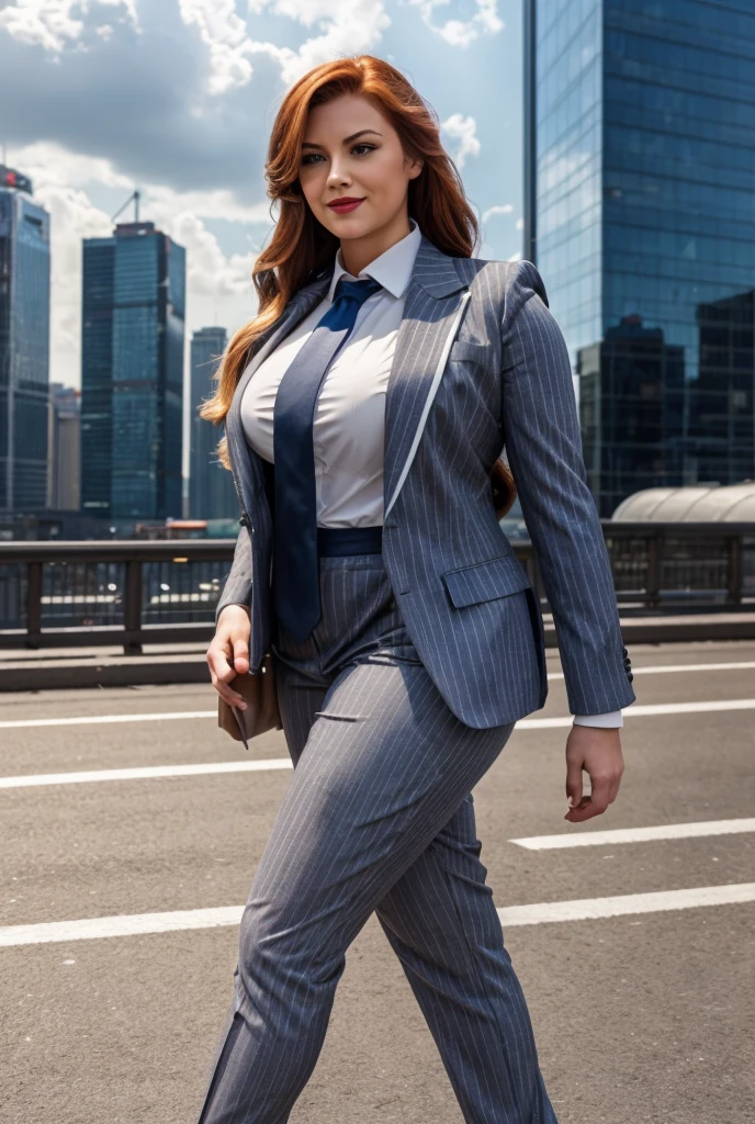 Giantess art, giga giantess in distance walking on through city, multiple women with beautiful curves, massive thighs, ginger hair, lipstick, wearing a perfect form-fitting loght grey pinstripe trouser suit and blazer, crisp white shirt with large spread collar, large blade width Windsor knot blue tie, with massive breasts. She is wearing platform high heels and standing on a miniature city, with skyscrapers at her feet, smiling with her huge breasts. This image is highly detailed, photorealistic, best quality, a masterpiece, with cinematic lighting, ultra-detailed, long ponytail hair with front bangs, high altitude photography, satellite view, a curvy figure, heaving bosom, legs, a mega city, urban sprawl, small towns, destruction, buildings, roads, a cloudy, overcast, hazy atmosphere, and wispy clouds.