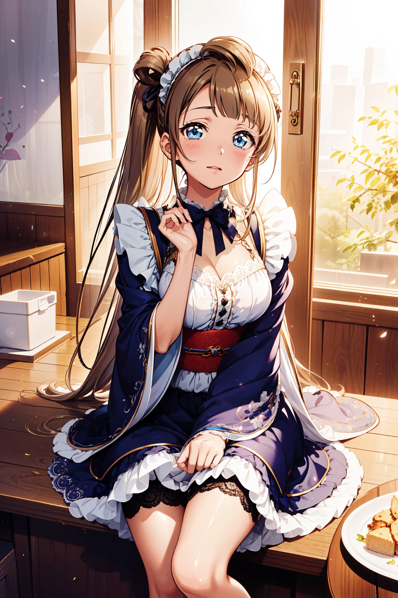 Minami Kotori, Head decoration，Masterpiece quality high resolution, Unity 8k wallpaper, illustration, Delicate eyes, Rich facial details, Highly detailed CG, Lace，Charming transparent fabric，Transparent Clothes，Broken clothes，Japanese maid outfit，Stockings