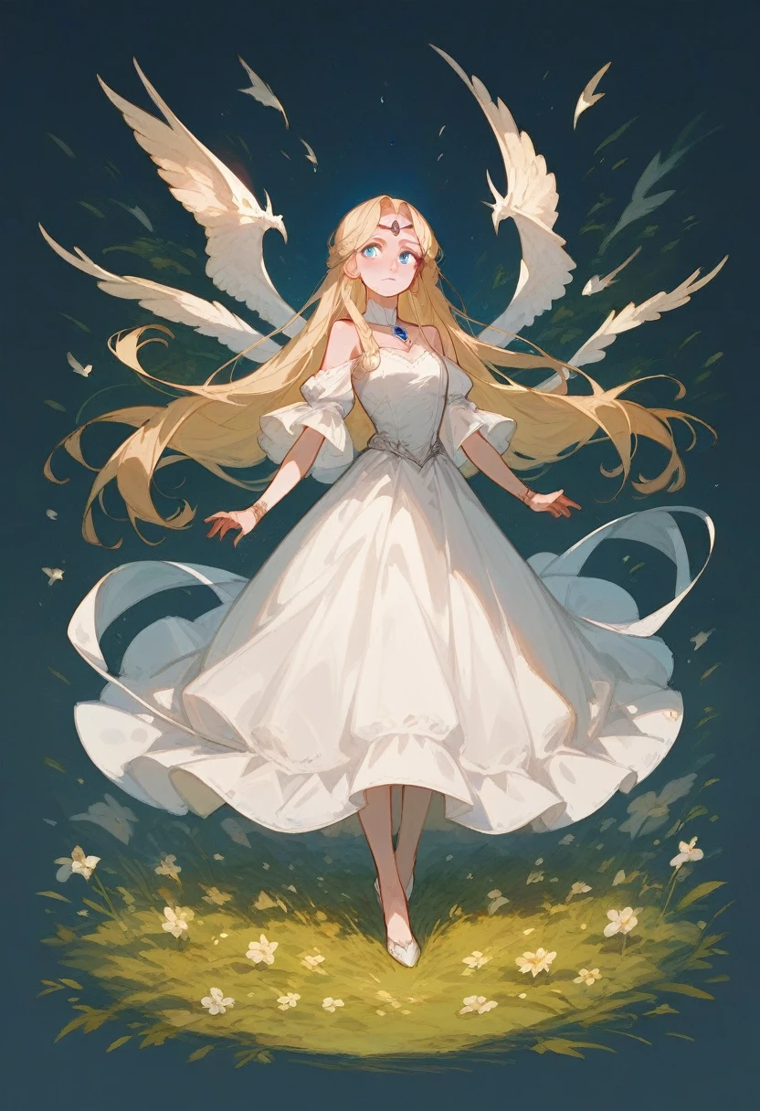 1 girl, solo, long blonde hair, blue eyes, white dress, fullbody, divinity, HP love craft style