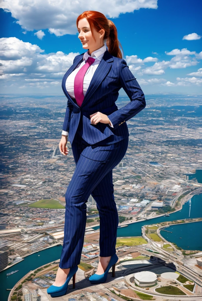 Giantess art, giga giantess in distance walking on through city, multiple women with beautiful curves, massive thighs, ginger hair, lipstick, wearing a perfect form-fitting loght grey pinstripe trouser suit and blazer, crisp white shirt with large spread collar, large blade width Windsor knot blue tie, with massive breasts. She is wearing platform high heels and standing on a miniature city, with skyscrapers at her feet, smiling with her huge breasts. This image is highly detailed, photorealistic, best quality, a masterpiece, with cinematic lighting, ultra-detailed, long ponytail hair with front bangs, high altitude photography, satellite view, a curvy figure, heaving bosom, legs, a mega city, urban sprawl, small towns, destruction, buildings, roads, a cloudy, overcast, hazy atmosphere, and wispy clouds.