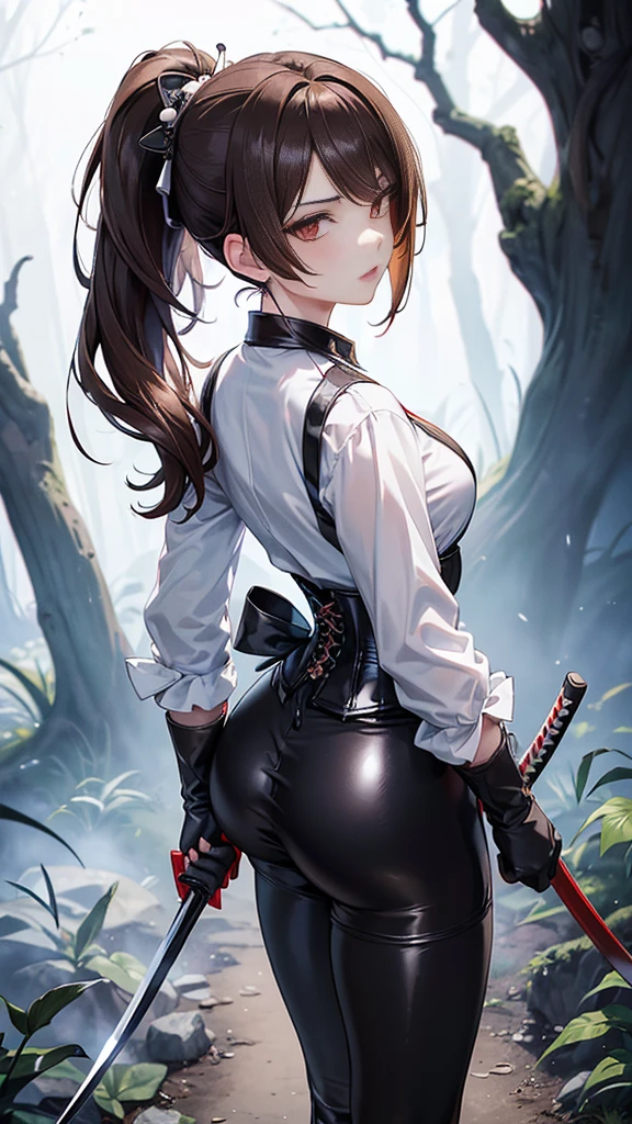 ((masterpiece)),(( The best quality)), (detailed), expressive eyes, (Perfect face), 1 girl, (standing), (Chiori, genshin impact), (brown hair short ponytail), (red eyes, aggressive eyes, detailed eyes), (sensual lips), (serious expression), (slim build), view from behind, perfect ass, (White button-down shirt with white collar and white long sleeves), He carries a katana in his hand, Black gloves, gloves that cover the hands,  (black leather corset), (Black shiny leggings), (black boots), (path), (forest, night), moonlight