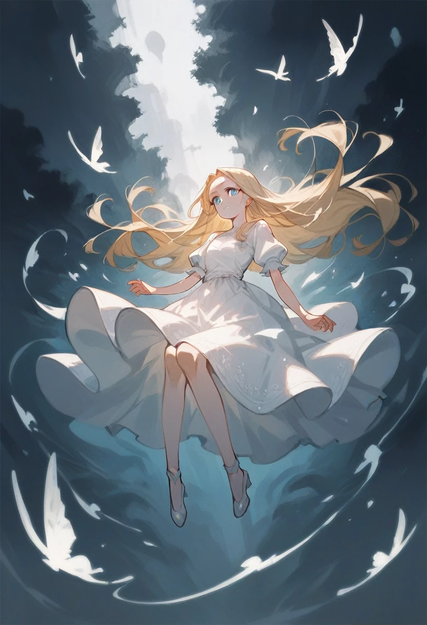 1 girl, solo, long blonde hair, blue eyes, white dress, fullbody, divinity, HP love craft style, horror dark fantasy, floating