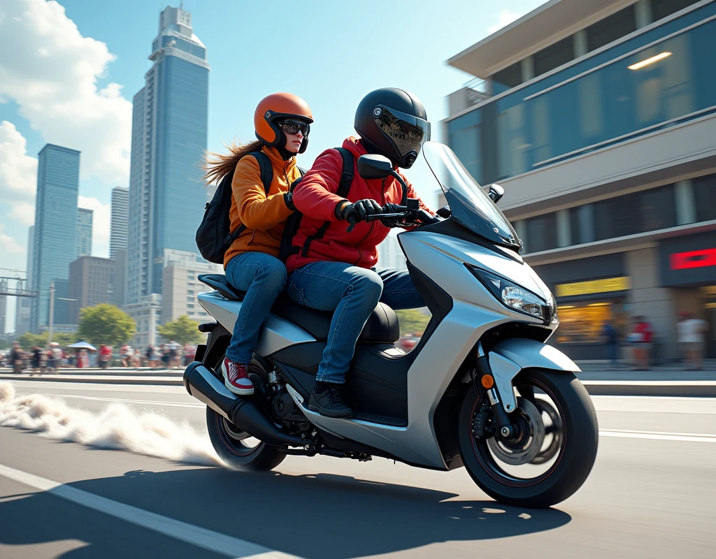 CREATE AN IMAGE OF A TK SX2 MOTORCYCLE WITH 3 PEOPLE ON THE MOTORCYCLE, A MAN, A WOMAN AND A BABY AND WITH THEIR BLACK HELMET