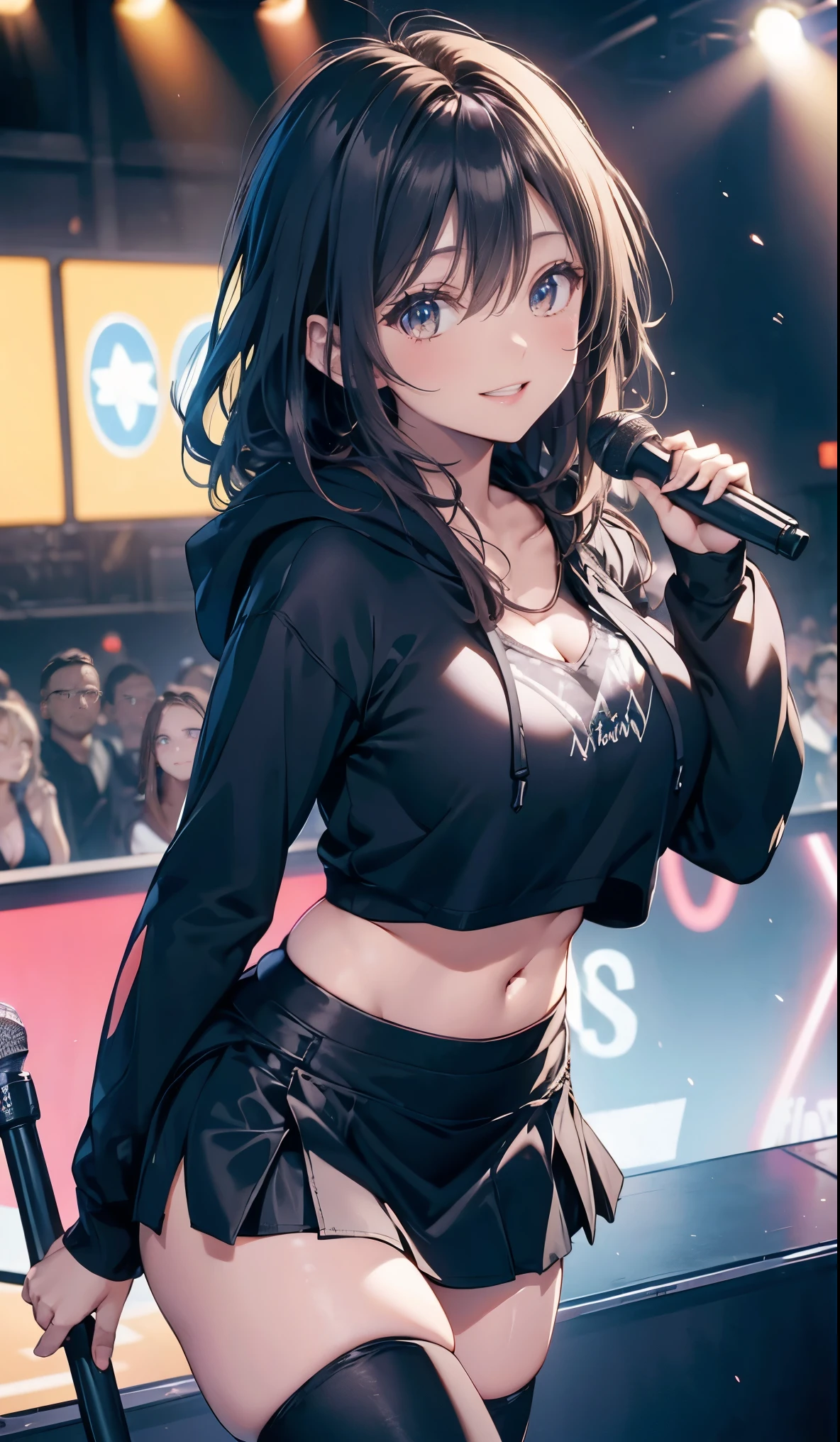 "masterpiece, 1.25, best quality, high resolution:1.35, RAW photo:1.2, photorealistic:1.37, hyper-realistic, 16K, original artwork, ((a pure and modest girl singing in front of a stand microphone)), ((girl singing in a club)), cute face, (long eyelashes, detailed eyelashes), (eyeshadow), (glowing eyes, realistic eyes), (natural makeup, well-defined features), 1: full body (curvy figure, slender body), detailed and beautiful eyes: 1.2, happy expression, Ulzzang, thick thighs, glossy skin, dynamic pose, close-up, cowboy shot, (cropped hoodie), long jeans, showing underarm, cup, photon mapping, professional lighting, symmetrical, graceful."