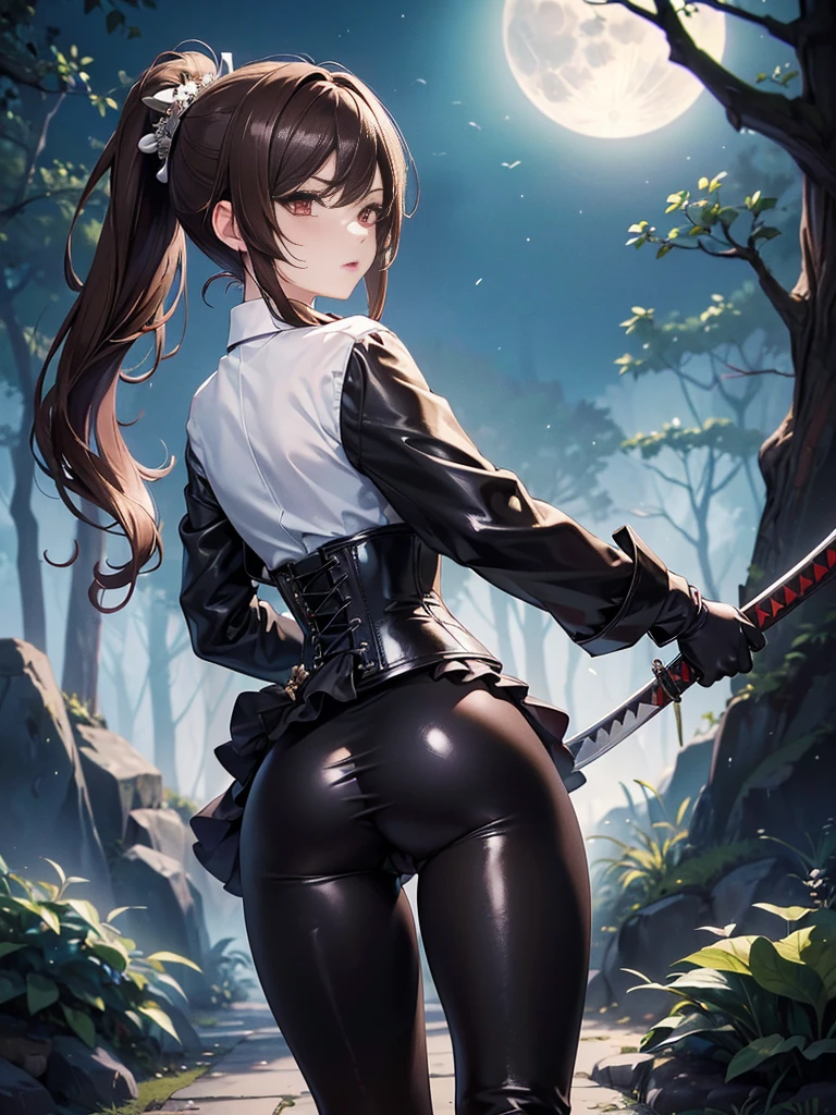 ((top-quality、hight resolution、masuter piece:1.3、SLR、))Jump towards the moon、Best Beauty Female Ninja、Perfect Style、(large full breasts:1.4、Big ass))Angle from the side、fully body photo、Japanese sword in hand、fullmoon、One Moon、电影灯光、fishnet tights、Japanese castle、