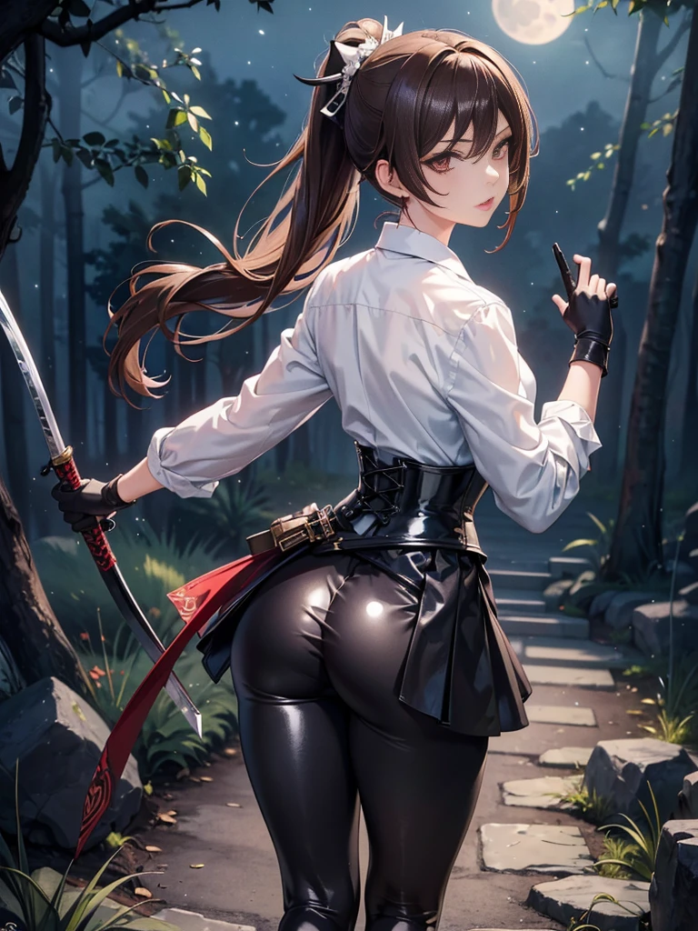 (((round face, looking away))), chibi-style, showing off her panties from her behind, (pantyhose, holding her butt with her hand from over clothes for masturbation, getting orgasm), earrings, open legs, ((angle from behind, butt)), fighting pose, having sword,