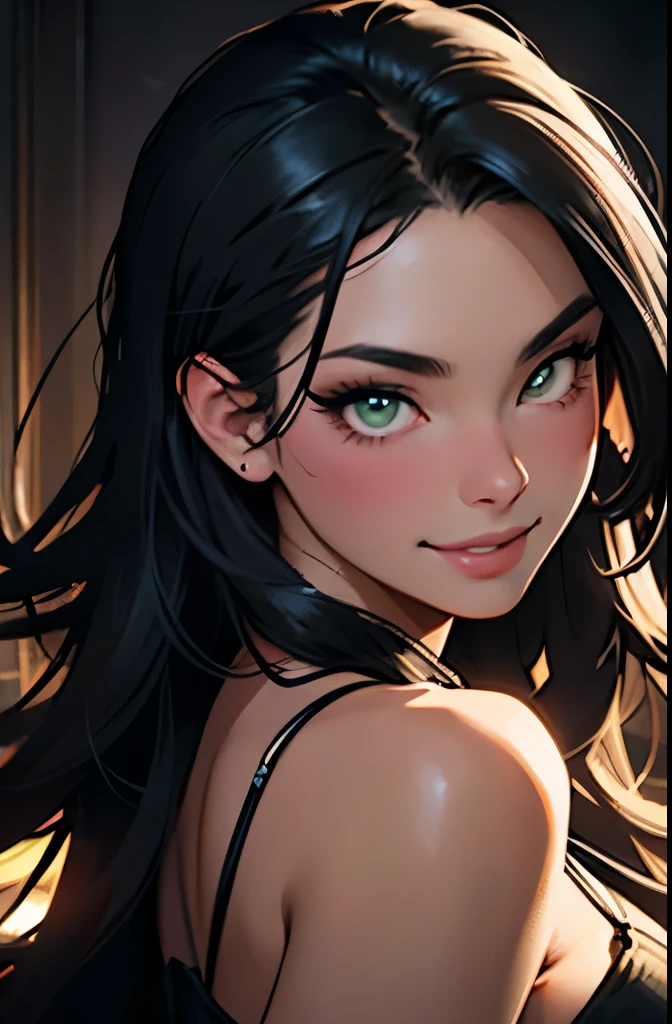 Realistic, a glamour shot of a shy Asian waifu with a wide smile (extremely long wavy black hair), hand on her chin, hard nipples, big ass, leaning toward the viewer, cowgirl pose, with Smokey eyeshadow and knowing smile, heavy eyeshadow and mascara, wearing an evening dress, underboob, side boob, insanely detailed face and green eyes, intricate, hyper-detailed bedroom, a romantic evening, digital illustration, masterpiece, beautiful eyes, atmospheric lighting, centered, perfect anatomy, glowing eyes, candid portrait, clear, very detailed, smooth, sharp focus, focused on the viewer