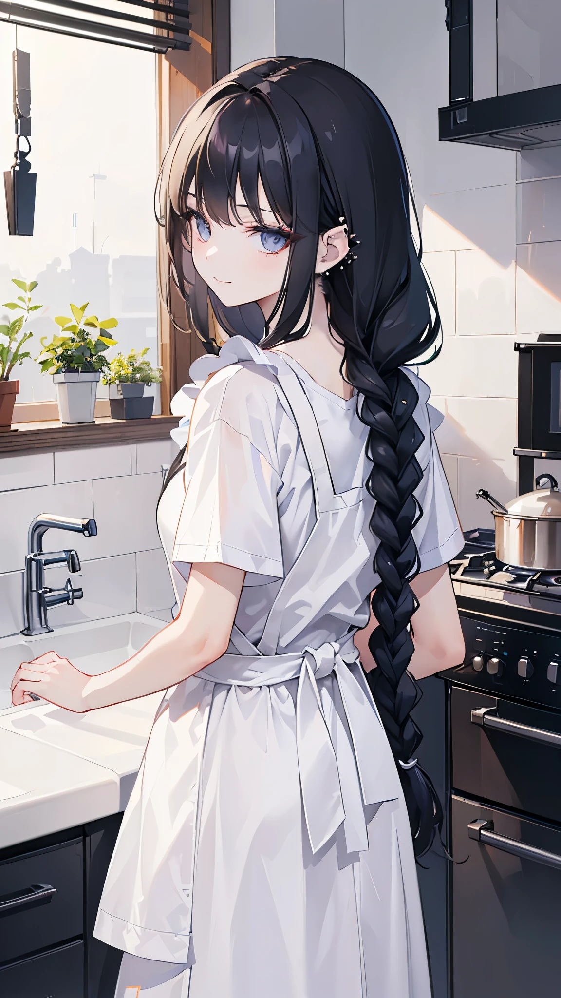 ((masterpiece、Best Quality、Very detailed))、One Girl、Black Hair、Shortcuts、((single braid))、Grey Eyes、evil smile、((lots of piercing))、Large、((White T-shirt))、((White apron))、denim pants、Cowboy Shot、Turn around、Shoot from behind、Kitchen Background