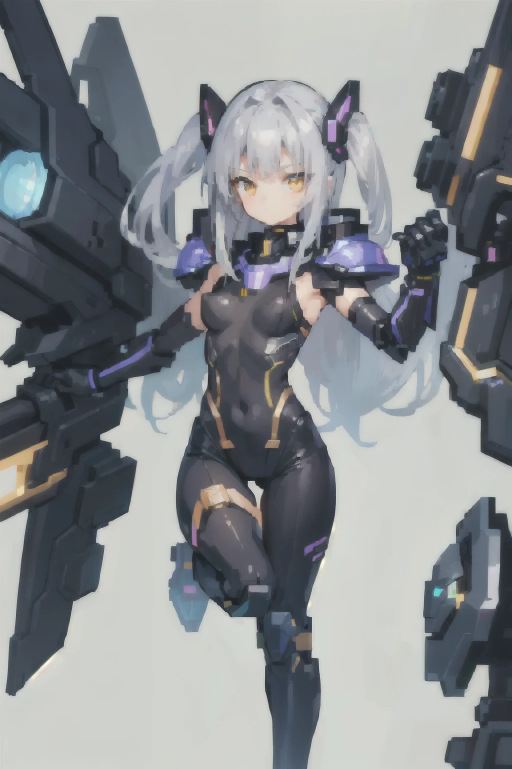 (girl), (small chest nipples), (solo), (black futuristic mecha bodysuit), (long silver hair), (golden eyes), (no background)