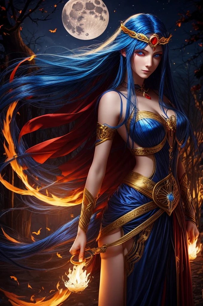 Blue Hair　Long Hair　Red Eyes　Beauty　Gold Circlet　Halloween　full moon　night　Fire Magic