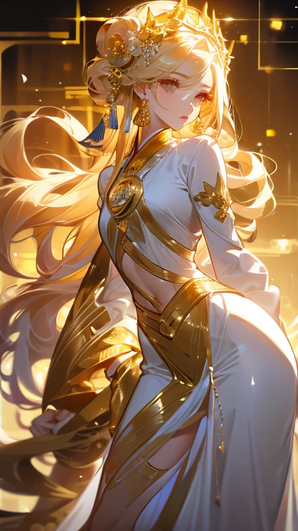 girl, Flowing blond hair, Yellow eyes, Golden Imperial Clothes, Neckline, Japanese cartoons, Clear sky in the background，Flashing lights, Dynamic Angle, Arrogant laughter