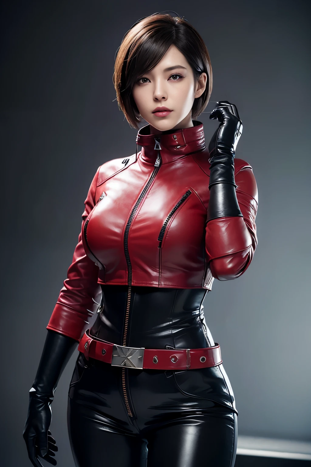 Resident Evil 6,Ada,Short Hair,Red rider jacket,Stand up your collar,Black Leather Pants,Photorealistic,Ultra HD,high quality,masterpiece,Digital SLR,Detailed details,Intricate details,Anatomical basis,Depicted in detail,A detailed face,Realistic skin texture,Vivid details,Perfect Anatomy,Perfect Anatomy,Anatomically correct hand,Anatomically correct fingers,Super Detail,Complex 3D rendering,Picturesque,Pink Lips,smile,she is Wearing (((long sleeve skintight leather 1pc clothes))(black leather)(((close the zipper tightly)))) and ((one waist belt)(Black leather)(metal buckle)) and ((Skinny long pants(Black leather))) and ((((gloves)))(black leather)),intelligent and beautiful star model,(chin is thin),Costume made of thick leather fabric,Japanese female new recruits (G cup breasts)(slender body shape)(Black leather gloves cover both hands) 